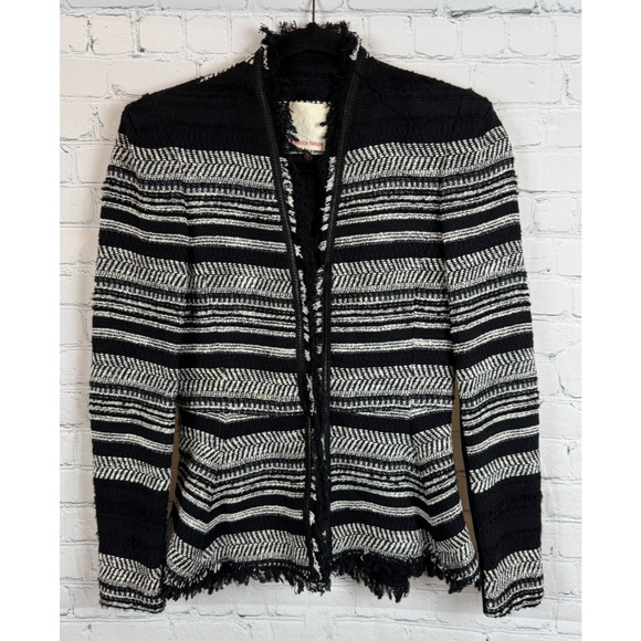 REBECCA TAYLOR black white cotton wool blend tweed fringe blazer jacket 0 - Picture 1 of 11